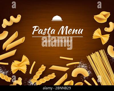 Pasta sul tavolo. Maccheroni italiani spaghetti fusilli con farina bianca per cucinare vettore sfondo realistico Illustrazione Vettoriale