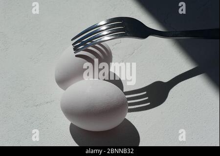 Uovo con ombra dal fork.Minimalism. Pasticceria da cucina, omelette. Facile. Ombre e luce. Foto Stock