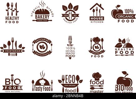 Logo del ristorante. Produzione alimentare etichette vintage per cucina eco fresco sano cucina casa vettore maschera badge Illustrazione Vettoriale