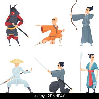 Cina combattenti. Eroi orientali tradizionali imperatore guangdong samurai ninja spada vettore cartoni animati in azione pose Illustrazione Vettoriale