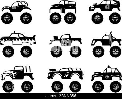 Monster Truck automobile. Grandi pneumatici e ruote off Road Cartoon auto giocattolo per bambini vettore nero monocromatico illustrazioni isolate Illustrazione Vettoriale