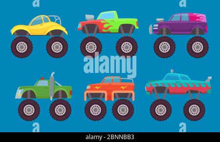 Monster Truck. Automobili con ruote grandi giocattolo auto creatura per bambini immagini vettoriali isolato Illustrazione Vettoriale