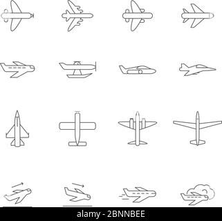 Icone di contorno aereo. Simboli di aerei passeggeri vettori aerei monoline immagini isolate Illustrazione Vettoriale