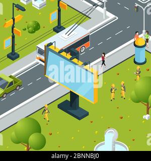 Cartelloni urbani isometrici. Città con spazi vuoti per l'inserzione su tavole pannelli LED caselle di luce vettore strada paesaggio Illustrazione Vettoriale