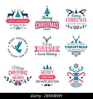 Elementi di Natale. Etichette per le vacanze confini badge e vintage francobolli nuovi anni Vector desideri con il tuo testo Illustrazione Vettoriale