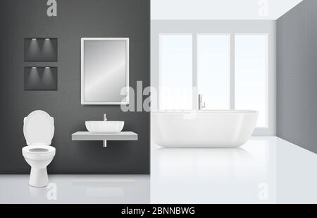 Interni moderni del bagno. Lavabo con cabina lavabo in bagno fresco e bianco, interni eleganti. Vettore sfondo pulito realistico Illustrazione Vettoriale