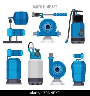 Sistema pompa dell'acqua. Aqua Treatment compressore elettronico acciaio agricoltura stazione di scarico vettore icone set Illustrazione Vettoriale