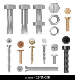 Viti in acciaio. Rivetti a morsa metallo costruzione utensili vettoriali immagini realistiche Illustrazione Vettoriale