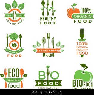 Logo di alimenti biologici. Ingredienti naturali per la salute eco vegan per badge o etichette vettoriali simboli di qualità moderna Illustrazione Vettoriale