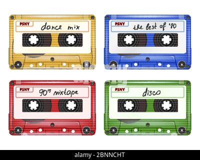 Cassetta audio colorata. Mixtape retro pop rock attrezzature vettoriali insieme di immagini realistiche isolato Illustrazione Vettoriale