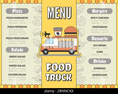 Menu camion per alimenti. Cucina all'aperto in auto mobile van tacos messicano gelato fast food bevande pizza flyer modello vettoriale Illustrazione Vettoriale