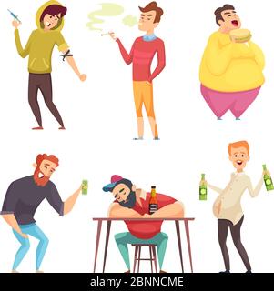 Stile di vita coinvolgente. Alcolismo droghe e dipendenza da abitudini malsane vettore personaggi cartoni animati in azione pone Illustrazione Vettoriale