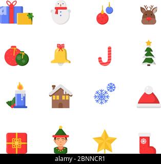 Simboli di decorazione di Natale. Inverno nord stella albero regali nastri stivali icone vettoriali in stile piatto Illustrazione Vettoriale