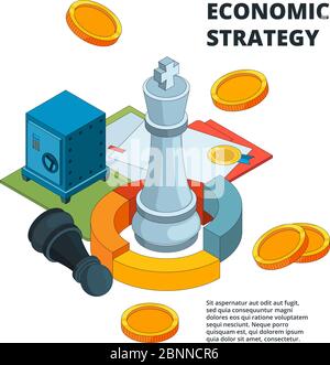 Concetto di strategia aziendale. Simboli di pianificazione e gestione del successo aziendale nuovi livelli target figure isometriche vettoriali Illustrazione Vettoriale