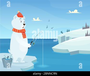 Sfondo bianco orso. Iceberg ghiaccio inverno animale in piedi carattere vettoriale in stile cartone animato Illustrazione Vettoriale