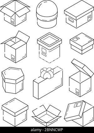 Icona isometrica a riquadro. Contenitore per imballaggio di esportazione in cartone piccolo presente con simboli vettoriali di prua Illustrazione Vettoriale