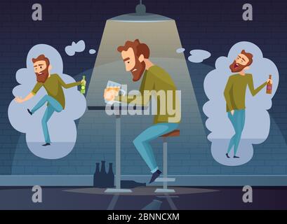 Concetto di alcolismo. Dipendente uomo alcolico depressione scura bere alcol vodka birra whiskey vettore sociale placard sfondo Illustrazione Vettoriale