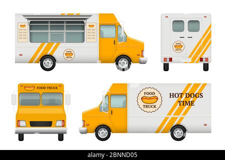 Identità mobile dei ristoranti. Strumenti aziendali di stile aziendale per la cucina di catering veloce e fast food Truck vettore logo template vuoti Illustrazione Vettoriale