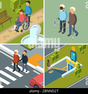 Disabilità in città. Salute urbana invalidi sedie a rotelle escursionisti stampelle attrezzature e aiutanti persone concetto vettoriale immagini isometriche Illustrazione Vettoriale