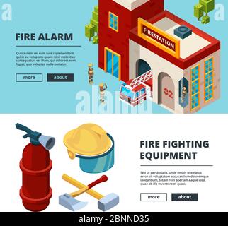 Bandiere dei pompieri. Oggetti proffesionali stazione antincendio fiamma fuoco fuoco fuoco fuoco fuoco fuoco uniforme uomo di salvataggio estintore vettore immagini isometriche schede Illustrazione Vettoriale