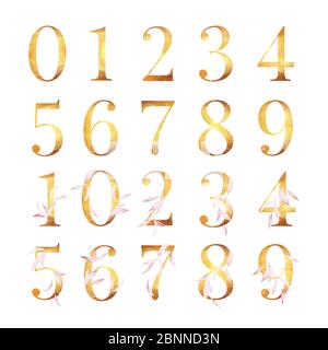 Numeri Gold. Effetto lamina d'oro. Decorazioni con foglie lussureggianti. Colori rosa oro. Decorazione biglietti d'auguri. Foto Stock