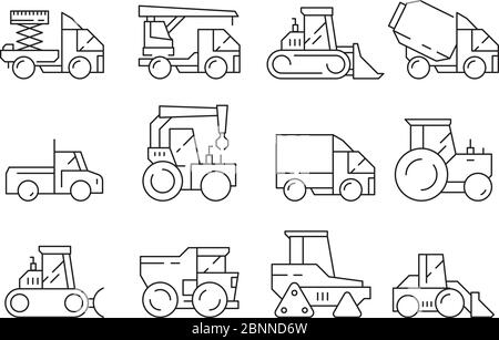 Veicoli da costruzione. Macchine pesanti per carrelli elevatori gru bulldozer vettori simboli lineari isolati Illustrazione Vettoriale