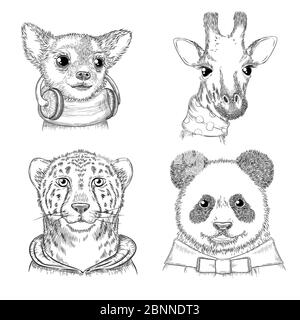 Animali di moda. Portelli di hipster disegnati a mano in vari vestiti divertenti vettore animali immagine per gli adulti Illustrazione Vettoriale