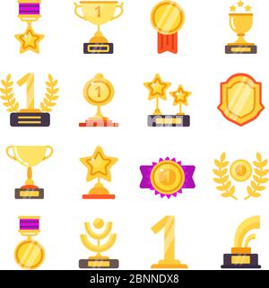 Icone dei premi. Premio Trofeo con nastri per vincitori vettore simboli piatti isolati Illustrazione Vettoriale