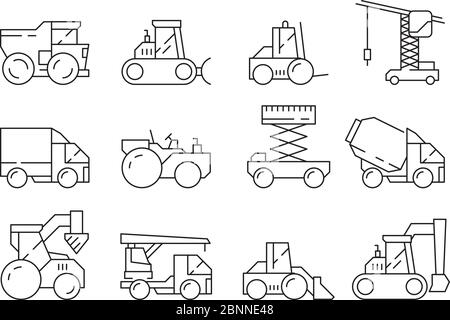 Macchina da costruzione. Veicolo per trincia con gru per autocarro pesante bulldozer per la costruzione di icone lineari vettoriali impostate Illustrazione Vettoriale