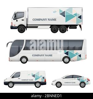 Branding del veicolo. Trasporti pubblicizzare autobus camion van auto vettore realistico mockup Illustrazione Vettoriale