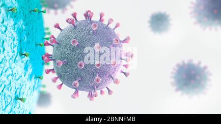 Particelle di virus che interagiscono con la cellula, illustrazione 3d. Foto Stock