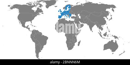 Unione europea evidenziata in blu sulla mappa mondiale vettore. Sfondo grigio. Perfetto per background aziendali, sfondo, grafico, presentazione, formazione e Illustrazione Vettoriale