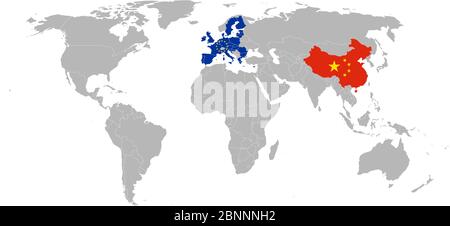 Unione europea, cina mappa vettore bandiera. Sfondo grigio. Concetti di business, relazioni commerciali economiche. Illustrazione Vettoriale