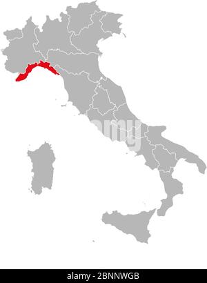 Liguria italia segnata in rosso sulla mappa dell'italia. Sfondo grigio. Mappa politica italiana. Illustrazione Vettoriale