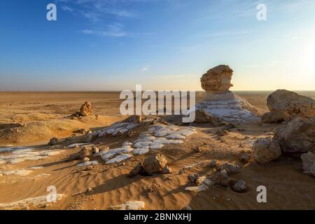 Deserto, deserto bianco, agenti atmosferici, calcare, gesso, sculture, cielo blu Foto Stock