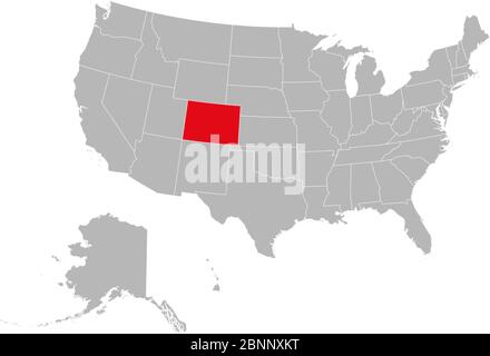 Colorado contrassegnato con colore rosso sulla mappa degli Stati Uniti. Sfondo grigio. Mappa politica degli Stati Uniti. Illustrazione Vettoriale