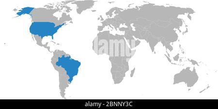 USA, Brasile mappa contrassegnata blu su vettore mappa mondiale. Sfondo grigio. Perfetto per sfondi, sfondo, concetti aziendali, presentazioni, grafici e sfondi Illustrazione Vettoriale