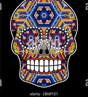 Illustrazione vettoriale del cranio colorato con perline ispirato all'arte messicana huichol e al tradizionale teschio da zucchero del Messico. Simbolo popolare di 'dia de muerto Illustrazione Vettoriale