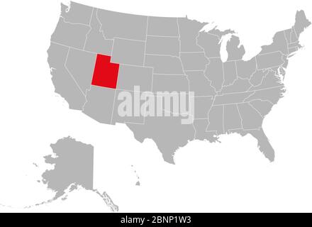 Utah evidenziato colore rosso sulla mappa degli Stati Uniti. Sfondo grigio. Mappa politica degli Stati Uniti. Illustrazione Vettoriale