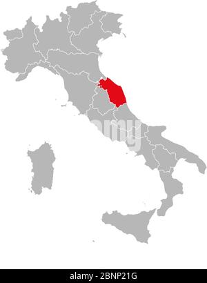 La provincia marchigiana è contrassegnata in rosso sulla mappa dell'italia. Sfondo grigio. Mappa politica italiana. Illustrazione Vettoriale