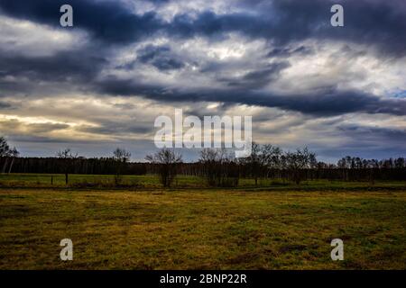 Area agricola in una giornata nuvolosa in inverno Foto Stock