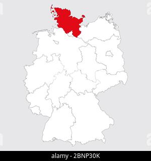 Provincia di Schleswig holstein evidenziata in rosso sulla mappa della germania. Sfondo grigio. Mappa politica tedesca. Illustrazione Vettoriale