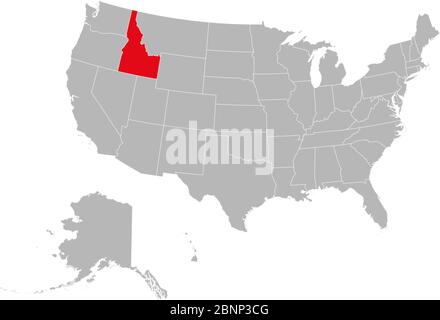 Stato Idaho evidenziato in rosso sulla mappa politica USA illustrazione vettoriale. Sfondo grigio. Illustrazione Vettoriale