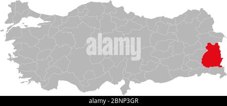 Provincia di Van contrassegnato di colore rosso sulla mappa politica della turchia vettore. Sfondo grigio. Illustrazione Vettoriale