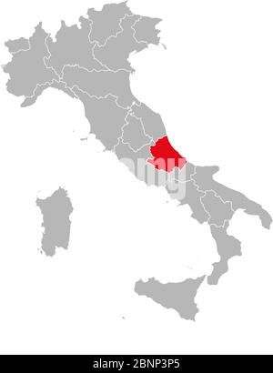 Provincia abruzzese segnata in rosso sulla mappa dell'italia. Sfondo grigio. Mappa politica italiana. Illustrazione Vettoriale