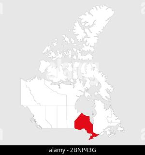 Provincia dell'Ontario contrassegnata in rosso sulla mappa del canada. Sfondo grigio. Mappa politica canadese. Illustrazione Vettoriale