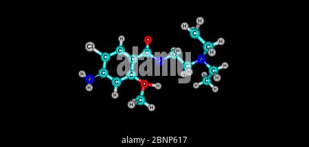 Metoclopramide è un farmaco utilizzato principalmente per problemi di stomaco e esofagea. È comunemente usato per trattare e prevenire la nausea e il vomito. illus 3d Foto Stock