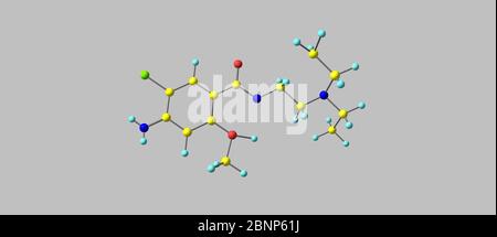 Metoclopramide è un farmaco utilizzato principalmente per problemi di stomaco e esofagea. È comunemente usato per trattare e prevenire la nausea e il vomito. illus 3d Foto Stock