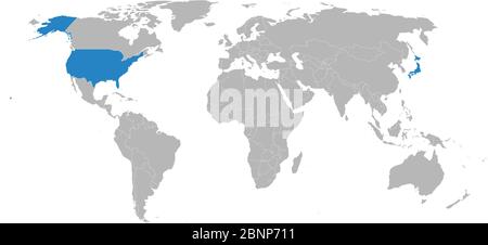 Giappone, USA mappa politica segnata blu. Sfondo grigio chiaro. Disegno grafico di illustrazione vettoriale. Perfetto per sfondi, sfondo, concetti aziendali Illustrazione Vettoriale
