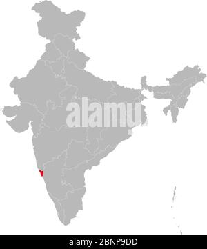 Mappa di stato di Goa evidenziata sulla mappa indiana. Sfondo grigio chiaro. Perfetto per concetti aziendali, sfondo, sfondi, etichetta, adesivo, grafico, ecc. Illustrazione Vettoriale